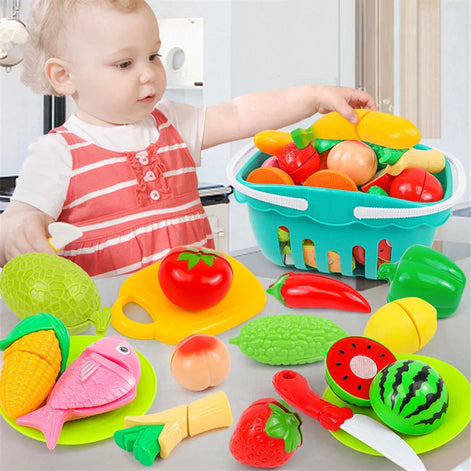 Kitchen Playset for Kids – Montessori Cutting Food Toy with Basket & Accessories